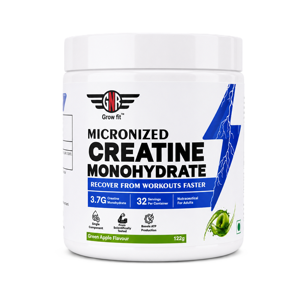 GNR Grow Fit Micronized Creatine Monohydrate – Green Apple Flavour | 3g Creatine Per Serving | 32 Servings | 122g