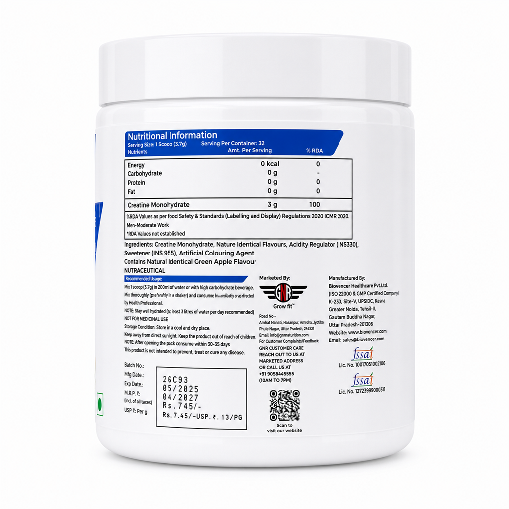 GNR Grow Fit Micronized Creatine Monohydrate – Green Apple Flavour | 3g Creatine Per Serving | 32 Servings | 122g - Image 2