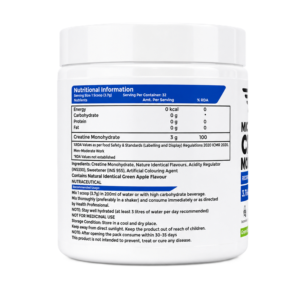 GNR Grow Fit Micronized Creatine Monohydrate – Green Apple Flavour | 3g Creatine Per Serving | 32 Servings | 122g - Image 3