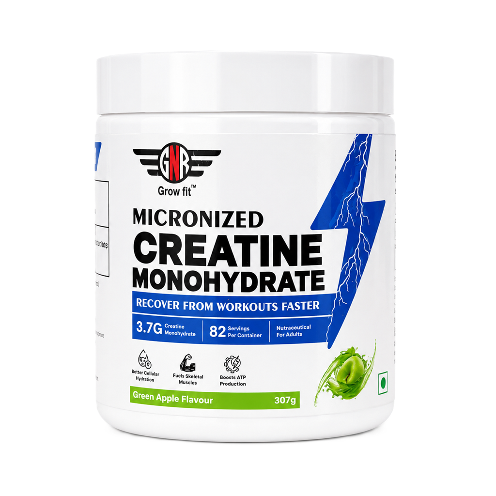 GNR Grow Fit Micronized Creatine Monohydrate – Green Apple Flavour | 3g Creatine Per Serving | 32 Servings | 107g