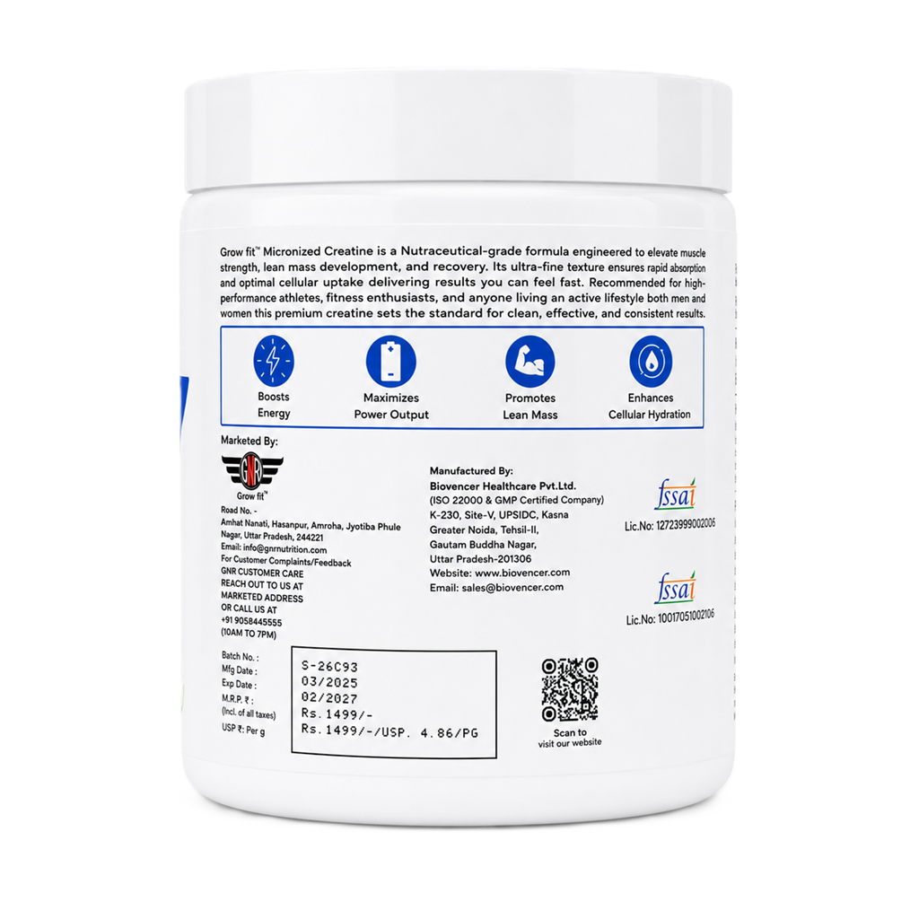 GNR Grow Fit Micronized Creatine Monohydrate – Green Apple Flavour | 3g Creatine Per Serving | 32 Servings | 107g - Image 2